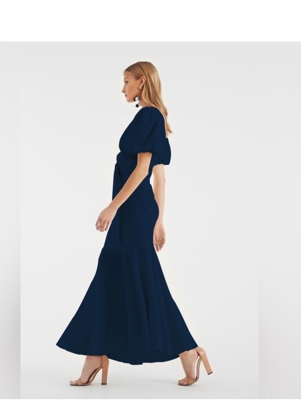 Sachin + Babi Camila Crepe Rushed Mermaid Maxi Dress with Puff-Sleeve -Navy Blue - Picture 2 of 3